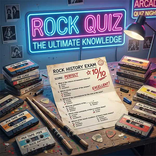 Escritorio con elementos musicales y examen de trivia sobre rock en español.