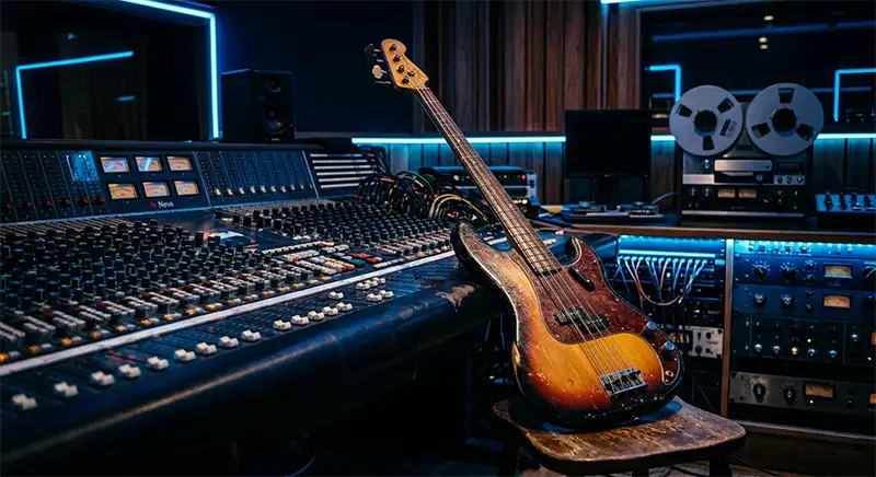 Bajo eléctrico en estudio de grabación inspirado en Billie Jean.