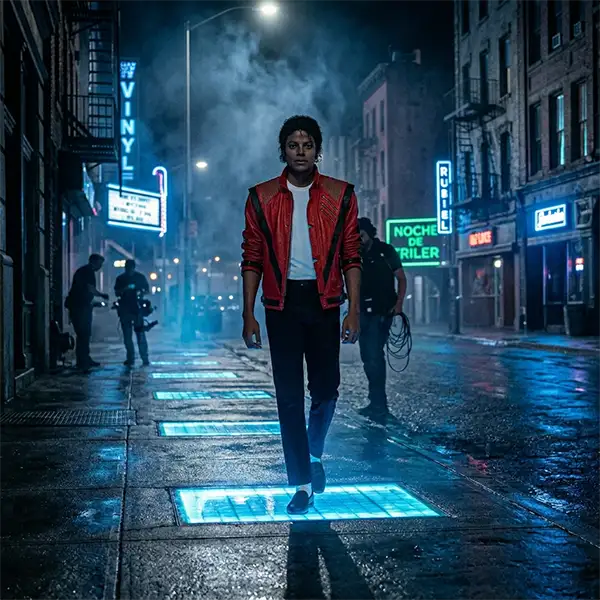 Actor inspirado en Michael Jackson durante la era Thriller caminando por una calle nocturna con luces azules de neón iluminando sus pasos, ambiente cinematográfico noir y estética de documental musical.