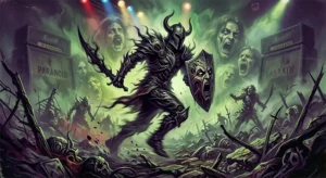 Ilustración surrealista de un guerrero con armadura en un campo de batalla neblinoso con tonos verdes y púrpuras, estilo arte de disco de metal de los 70.