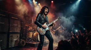 Guitarrista con chaqueta de cuero tocando una guitarra eléctrica clásica en un escenario con humo y luces de concierto vintage.
