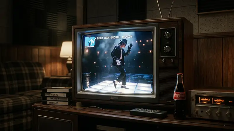 Televisión retro transmitiendo un videoclip de Michael Jackson.