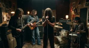 Representación artística de una banda de heavy metal de los años 70 ensayando en un estudio oscuro con estética cinematográfica retro.