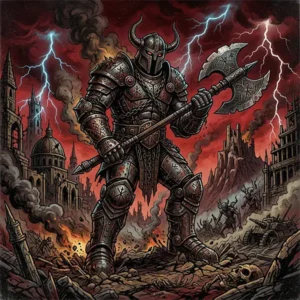 Ilustración digital cuadrada con estética de Heavy Metal clásico de los años 70. Un guerrero metálico gigantesco con armadura completa y casco de cuernos sostiene un gran hacha de doble filo en medio de ruinas apocalípticas. El fondo presenta un cielo rojo oscuro con rayos eléctricos, humo y fuego, evocando el estilo visual de portadas vintage de bandas como Black Sabbath. Iron Man.
