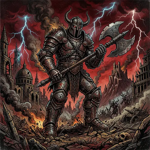 Ilustración digital cuadrada con estética de Heavy Metal clásico de los años 70. Un guerrero metálico gigantesco con armadura completa y casco de cuernos sostiene un gran hacha de doble filo en medio de ruinas apocalípticas. El fondo presenta un cielo rojo oscuro con rayos eléctricos, humo y fuego, evocando el estilo visual de portadas vintage de bandas como Black Sabbath. Iron Man.