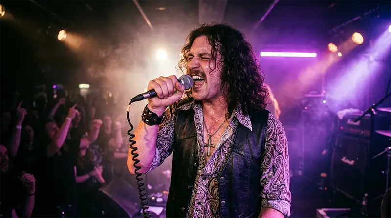 Plano medio del vocalista de rock interpretando con alta carga emocional bajo luces de concierto oscuras.