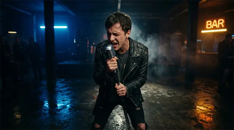 Cantante de rock expresando frustración frente a un micrófono clásico, envuelto en sombras profundas y destellos de luz azul de un escenario oscuro.
