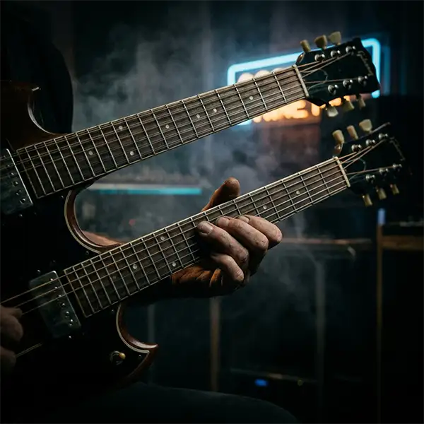 gibson Primer plano detallado y atmosférico de un elemento clásico de grabación musical dentro de un entorno de estudio oscuro y misterioso, iluminado con marcados contrastes cinematográficos en tonos azul y ámbar. Omitiendo tecnicismos, evoca una sensación de secreto industrial listo para ser descubierto.