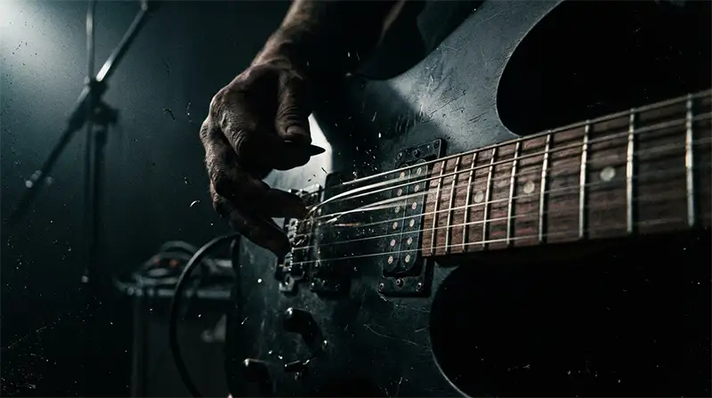 Silueta de una guitarra eléctrica en la penumbra bajo una iluminación dramática que resalta la tensión de las cuerdas al ser golpeadas.