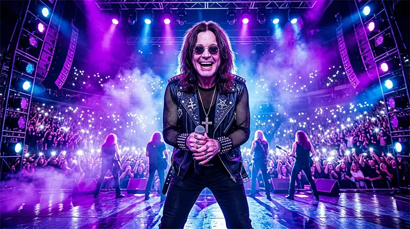 Cantante de rock sonriendo triunfalmente en un escenario moderno iluminado con neón de alta intensidad.