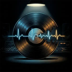 omposición visual conceptual que muestra la silueta de un disco de vinilo fusionándose con una línea médica de ritmo cardíaco bajo una luz cenital.