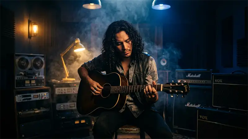 Plano medio de un músico de rock en la penumbra tocando la guitarra acústica bajo luces cálidas contrastantes y una atmósfera cinematográfica.