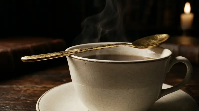 Primer plano detallado de una taza de té antigua en la penumbra con iluminación dramática de claroscuro enfocada en la textura de la porcelana.