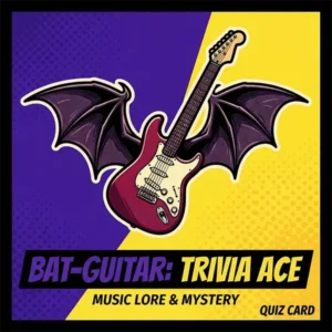 trivia ozzy Diseño de tarjeta de trivia con una guitarra eléctrica con alas de murciélago en colores vibrantes retro.