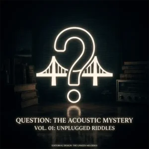Diseño gráfico estilizado con un signo de interrogación brillante en tono crema entrelazado con una guitarra sobre fondo oscuro con líneas de escaneo retro.