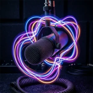 Micrófono de estudio estilizado con luces de neón, representando la energía tecnológica de la trivia.