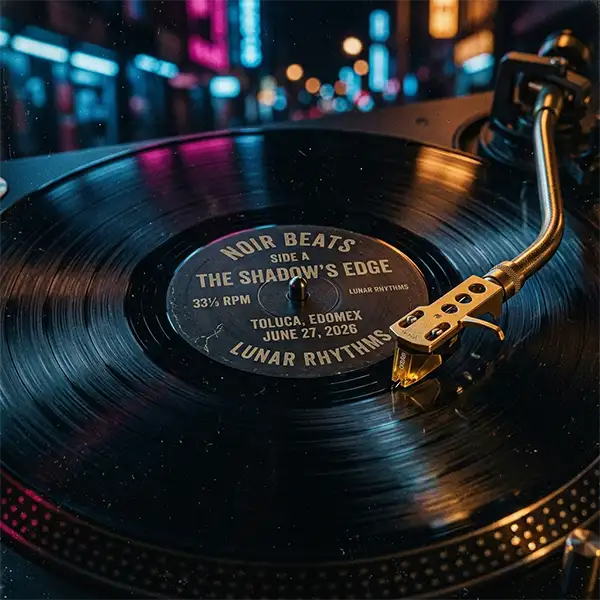 Un vinilo en movimiento bajo una iluminación dramática, evocando una atmósfera de secretos revelados y alta tensión técnica.