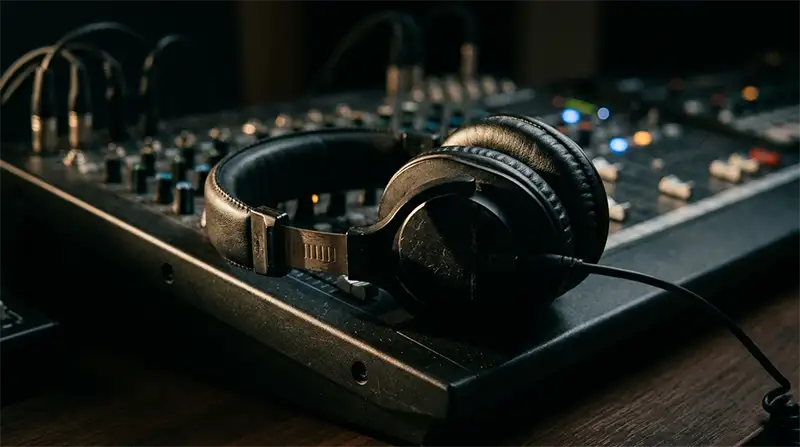 Auriculares de estudio en penumbra sobre una mesa de mezclas, capturando la esencia de la creación musical íntima y el enfoque técnico.