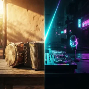 Composición conceptual que divide un tambor y acordeón tradicionales bajo luz cálida frente a una mezcladora de DJ y micrófonos iluminados por luces de neón modernas.