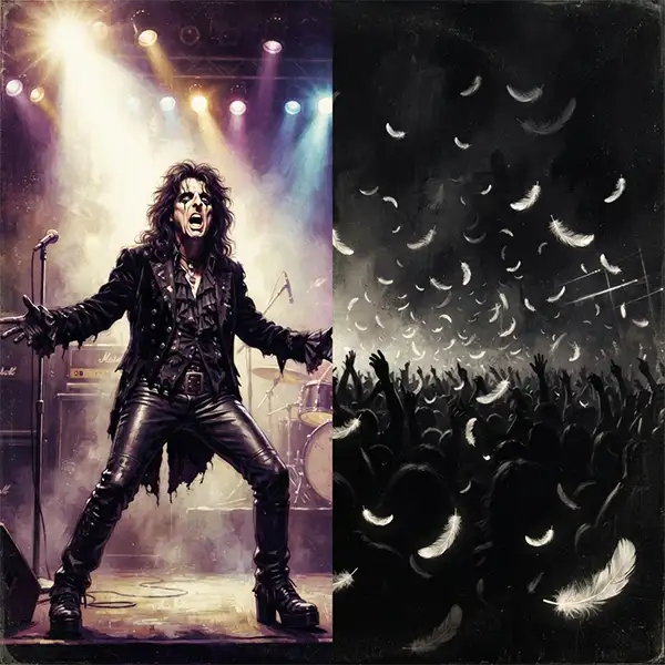 Ilustración conceptual dividida entre la teatralidad del Shock Rock y el caos del público en un festival.