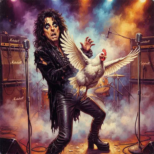 Músico inspirado en Alice Cooper sorprendido junto a un pollo volador en el escenario de un festival de rock.