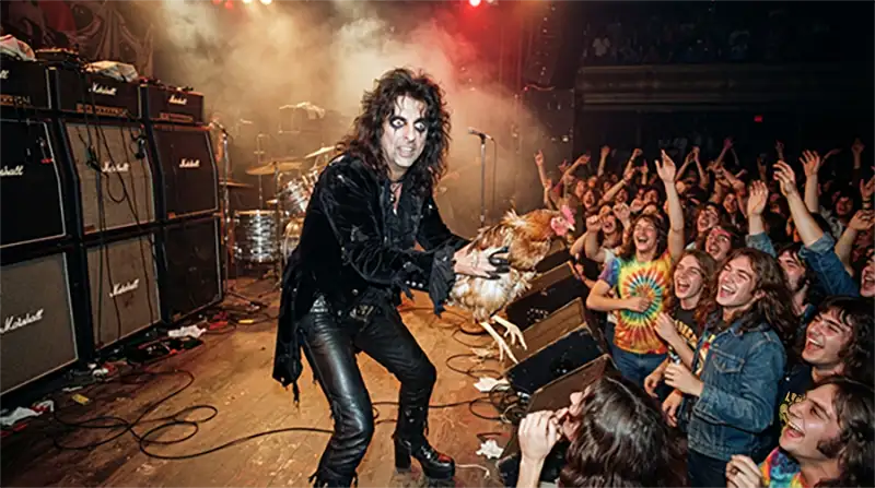 Músico inspirado en Alice Cooper en el escenario sosteniendo un pollo durante el concierto de rock de 1969.