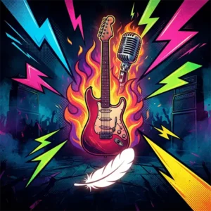 Alice trivia Ilustración estilo Pop-Art con elementos icónicos de rock como guitarras, luces y micrófonos para trivia de música.