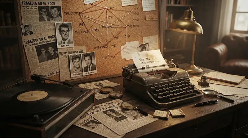 Mesa con documentos y vinilos inspirada en la investigación del significado de American Pie.