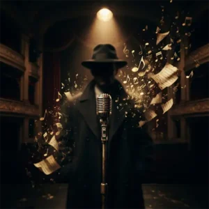 Micrófono iluminado sobre un escenario oscuro que evoca el misterio y las múltiples interpretaciones del verso "Mama, just killed a man" de Bohemian Rhapsody.