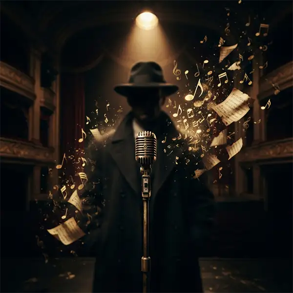Bohemia destacada Micrófono iluminado sobre un escenario oscuro que evoca el misterio y las múltiples interpretaciones del verso "Mama, just killed a man" de Bohemian Rhapsody.