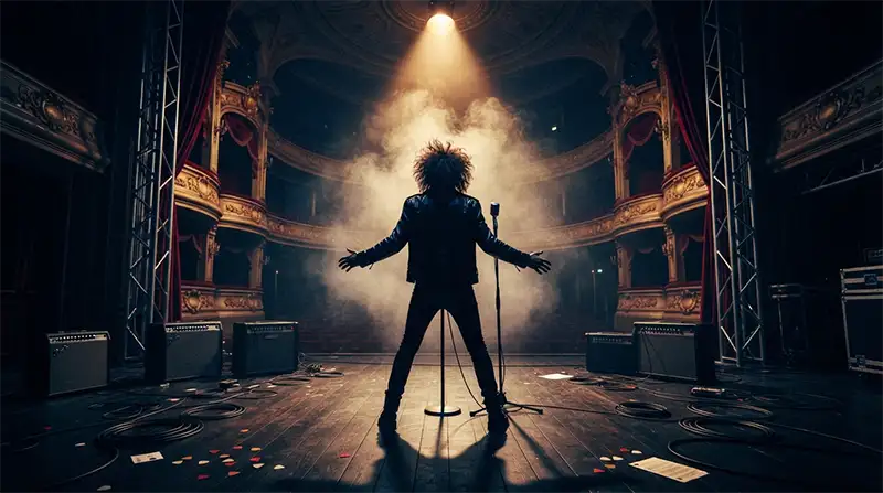 La silueta de un cantante frente a un escenario teatral que transmite misterio y transformación.