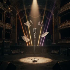 Micrófono sobre un escenario que combina elementos de una ópera y un concierto de rock, evocando el universo de Bohemian Rhapsody.