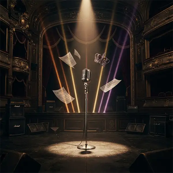 Micrófono sobre un escenario que combina elementos de una ópera y un concierto de rock, evocando el universo de Bohemian Rhapsody.