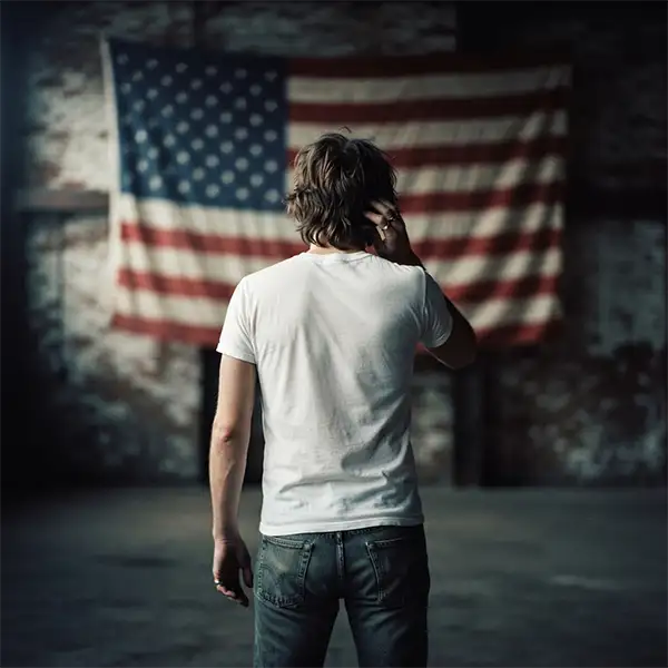 Born usa destacada Representación artística inspirada en Born in the U.S.A., destacando el contraste entre su apariencia patriótica y el verdadero significado de la canción.