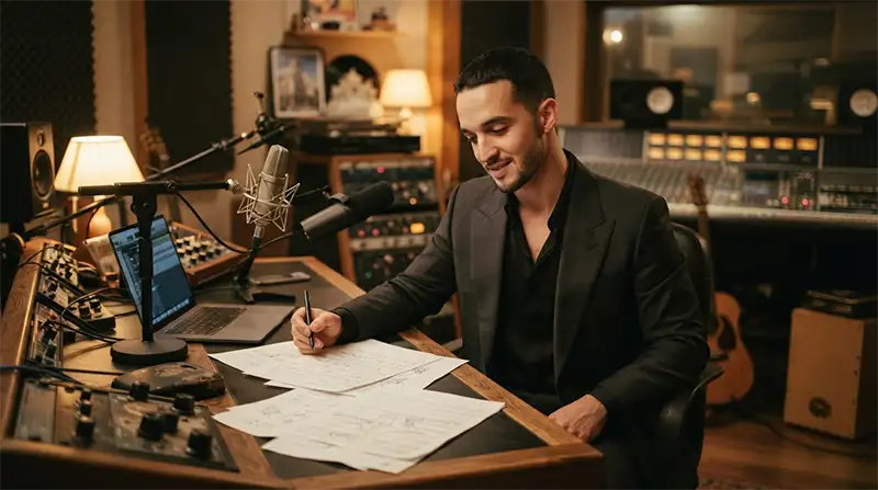 Músico inspirado en C. Tangana inspirado durante la creación de El Madrileño en un estudio de grabación.