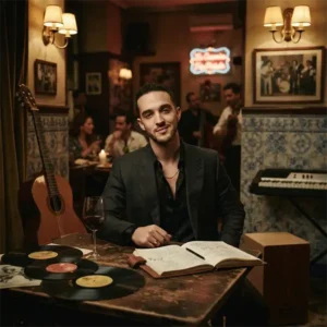 Músico inspirado en C. Tangana inspirado en la era de El Madrileño rodeado de instrumentos y referencias a la música española y latinoamericana.