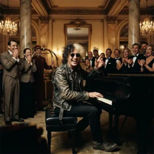 Charle Garcia trivia Artista inspirado en Charly García protagonizando una divertida escena en un hotel mientras toca el piano.
