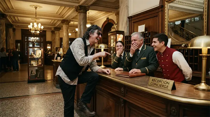 Artista inspirado en Charly García protagonizando una divertida escena en un hotel.