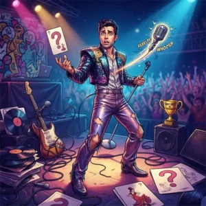 Ilustración de una trivia musical divertida con un micrófono, discos de vinilo, instrumentos y signos de interrogación sobre un escenario.