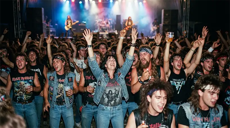 Público cantando y riendo durante un concierto de rock.