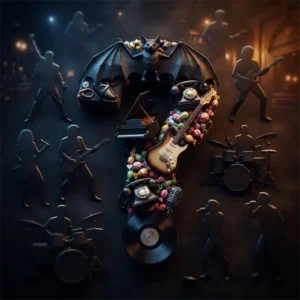Colección cómica trivia Ilustración con objetos relacionados con famosas anécdotas de la historia de la música, utilizada como imagen de una trivia musical.