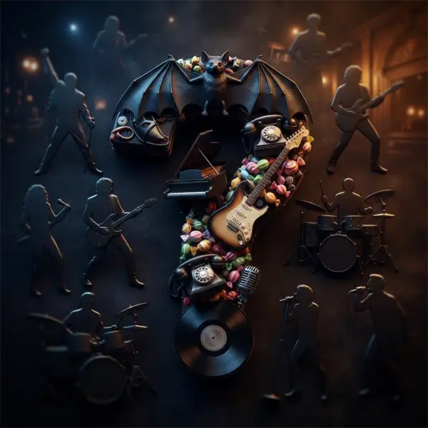 Ilustración con objetos relacionados con famosas anécdotas de la historia de la música, utilizada como imagen de una trivia musical.