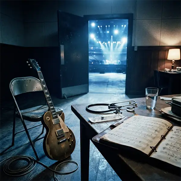 Camerino con guitarra y material médico inspirado en el significado de Comfortably Numb de Pink Floyd.