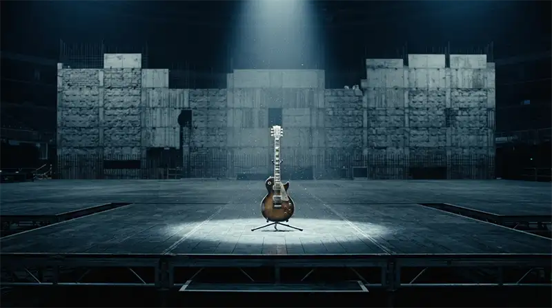 Guitarra iluminada frente a un gran muro inspirada en Comfortably Numb y The Wall.