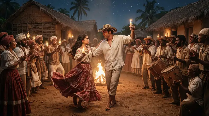 Bailarines y músicos interpretan cumbia tradicional en una celebración del Caribe colombiano.
