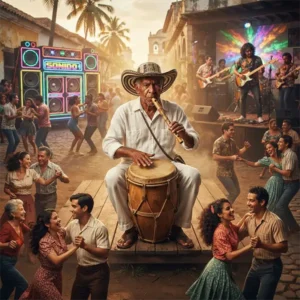 Cumbia historia trivia Cultura musical latinoamericana representada por músicos y bailarines que celebran la historia y evolución de la cumbia desde Colombia hasta otros países del continente.