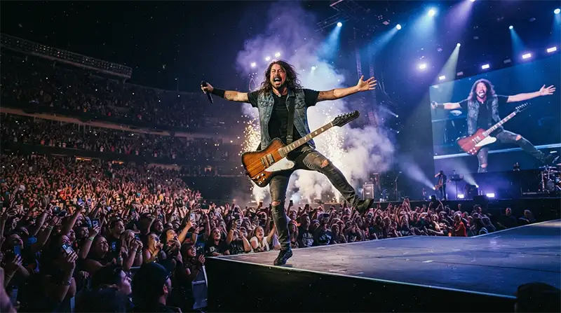 Músico inspirado en Dave Grohl actuando al borde del escenario momentos antes de la caída en Suecia