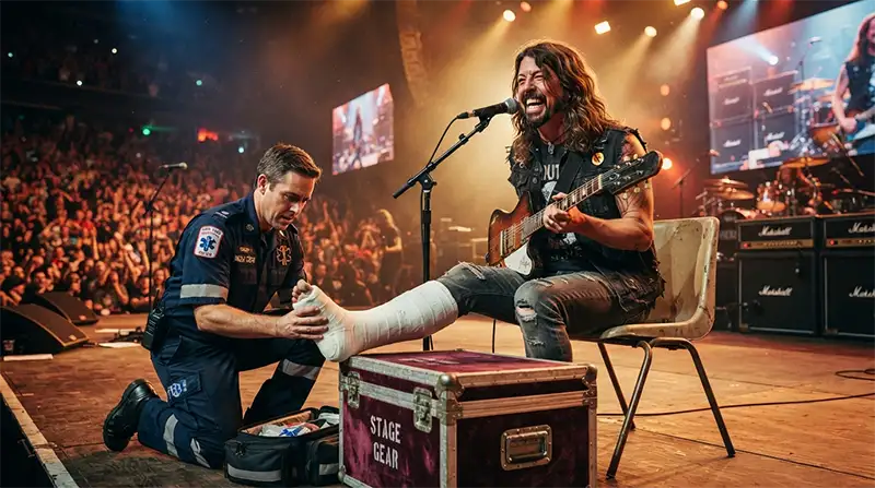 Músico inspirado en Dave Grohl cantando sentado en una silla mientras un paramédico sostiene su tobillo en pleno concierto