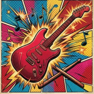 Ilustración Pop Art de una guitarra eléctrica envuelta en rayos y baquetas de batería.