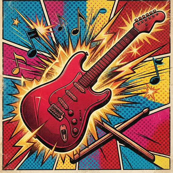 Ilustración Pop Art de una guitarra eléctrica envuelta en rayos y baquetas de batería.